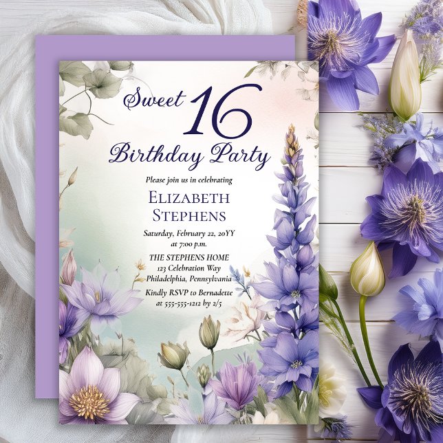 Invitación Larkspur Water Lily Floral Sweet 16 Fiesta de Cump (Elegant Boho Larkspur and Water Lilies Floral Sweet 16 Birthday Party Invitation - Print | Digital)
