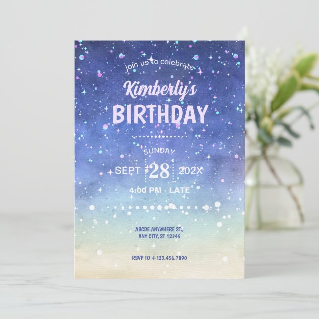 Invitación Las acuarelas brillan por su cumpleaños (Anverso de pie)