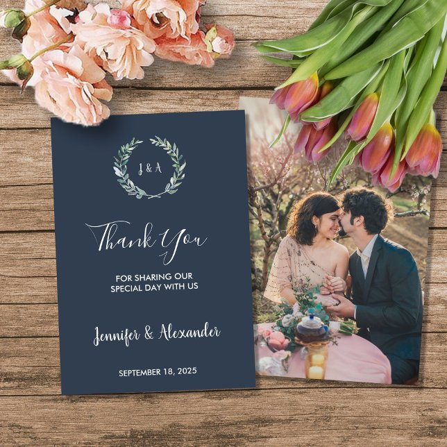 Invitación Las acuarelas rusas nos dejan Gracias boda de foto (Rustic watercolor leaves Thank you photo country wedding card.)