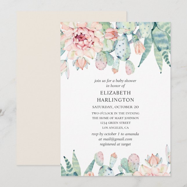 Invitación Las acuarelas suculen la ducha de bebé. Cactus flo (Anverso / Reverso)