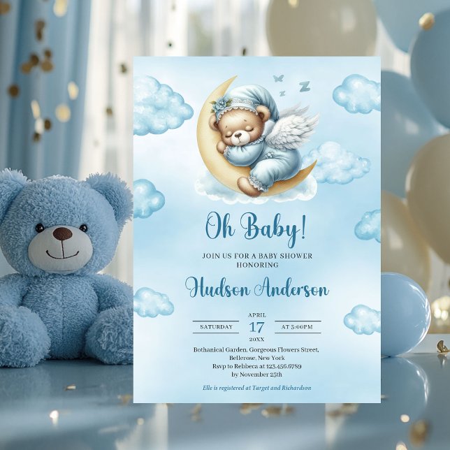 Invitación Las alas de los ángeles de oso de peluche durmiend (teddy bear sleeping over the moon with wings boy baby shower invitation)