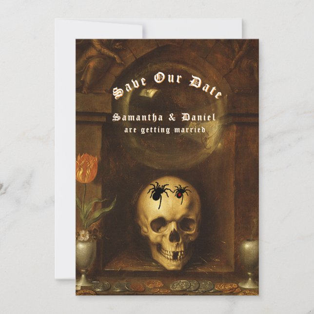 Invitación Las arañas del cráneo del Gótico Boda de Halloween (Anverso)