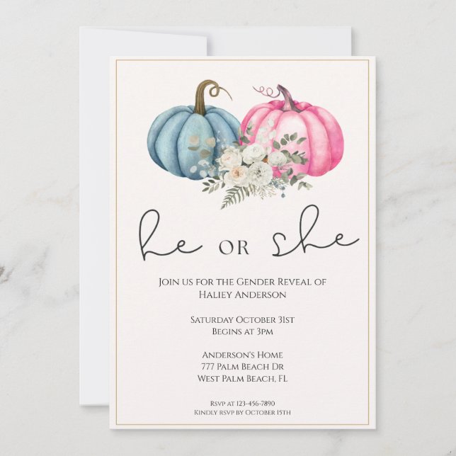 Invitación Las calabazas florales caen el género del bebé rev (Anverso)