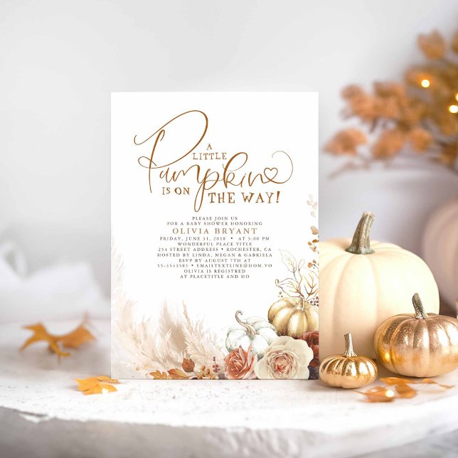 Invitación Las calabazas florales de Terracotta caen en Baby  (A Little Pumpkin Is On The Way - Cute Earthy Floral Pampas Grass Baby Shower Invitations)