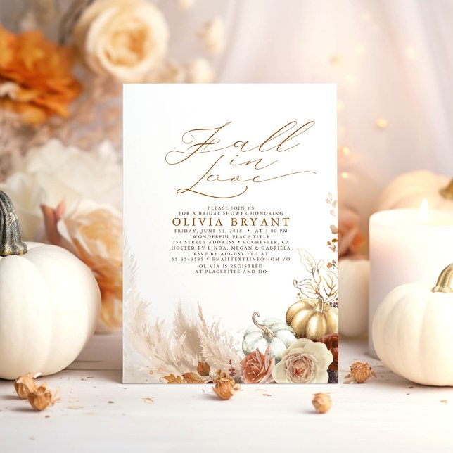 Invitación Las calabazas florales de Terracotta caen en la du (Fall in Love Bridal Shower Invitations featuring Earthy Flowers and Gold Pumpkins)