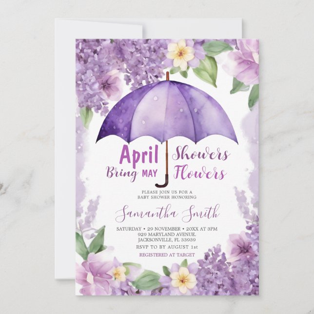Invitación Las duchas de abril traen un paraguas morado de fl (Anverso)