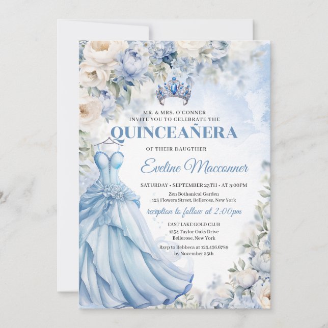 Invitación Las elegantes flores azul y marfil del Boho Tiara (Anverso)
