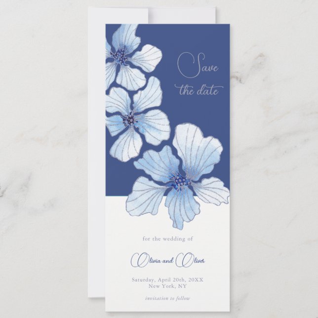 Invitación Las elegantes flores azules salvan la fecha (Anverso)