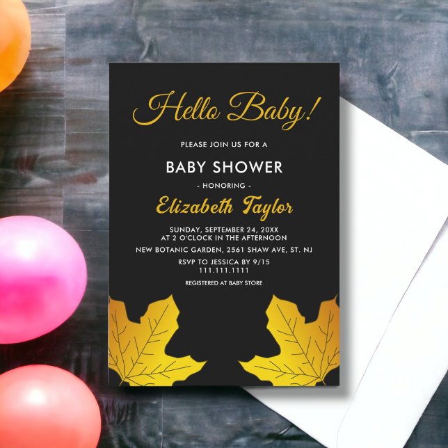 Invitación Las Elegantes Hojas Negra Y Oro Caen En Baby Showe (Subido por el creador)