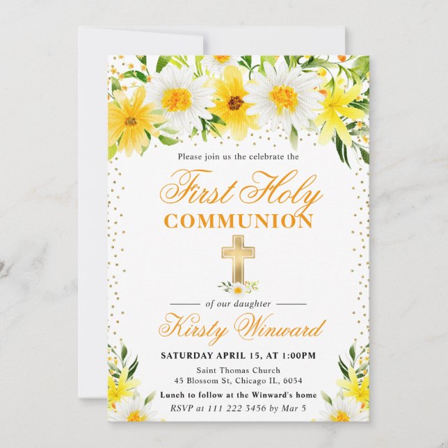 Invitación Las flores amarillas florecen en la primera comuni (Anverso)