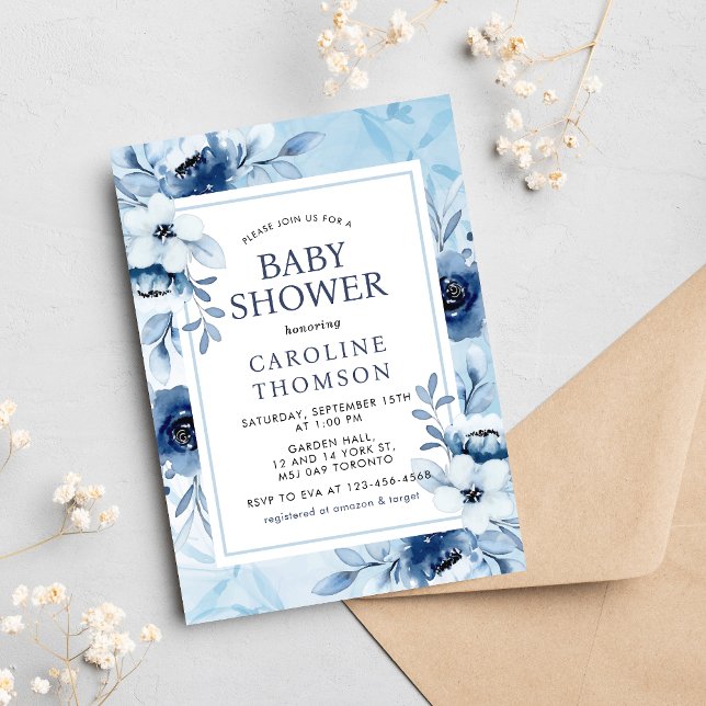 Invitación Las Flores Azules Elegantes Son Un Chico Baby Show (Subido por el creador)