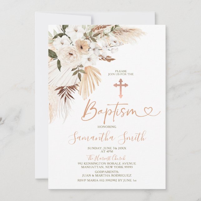 Invitación Las flores blancas de Boho elegantes bautizan el b (Anverso)