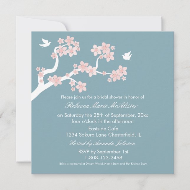 Invitación Las flores de cerezo en ducha nupcial azul invitan (Anverso)
