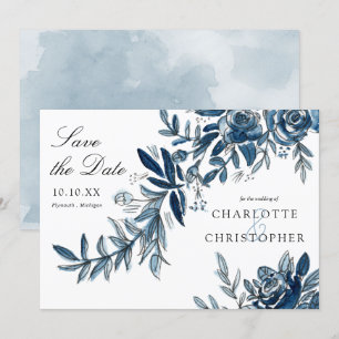 Invitación las flores de color azul ahorran la fecha