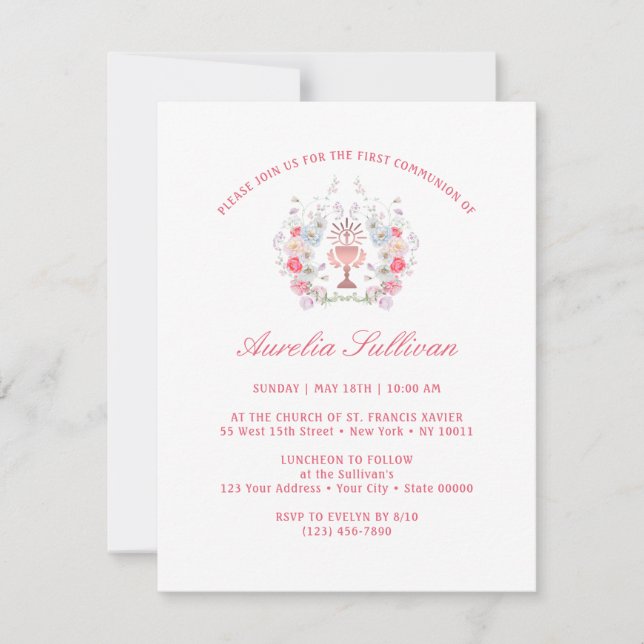 Invitación Las Flores De Jardín Elegantes Vieron Primera Comu (Anverso)