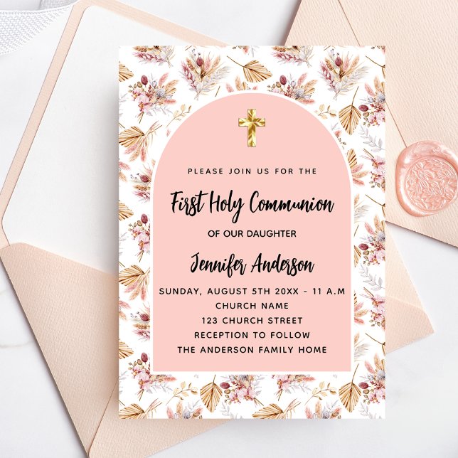 Invitación Las flores de la primera comunión pampas rosa chic (Subido por el creador)