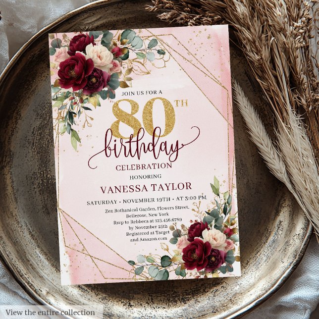 Invitación Las flores de oro del Boho Marsala 80 cumpleaños (Stylish Boho Marsala Gold Flowers 80th Birthday Invitation)