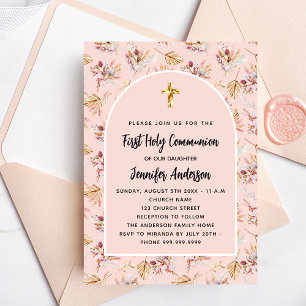 Invitación Las flores de pasto de la primera comunión subió o