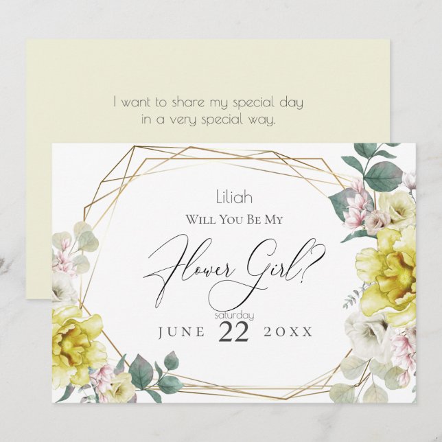 Invitación Las Flores De Peón Amarillo Serán Mi Niña Flor (Anverso / Reverso)