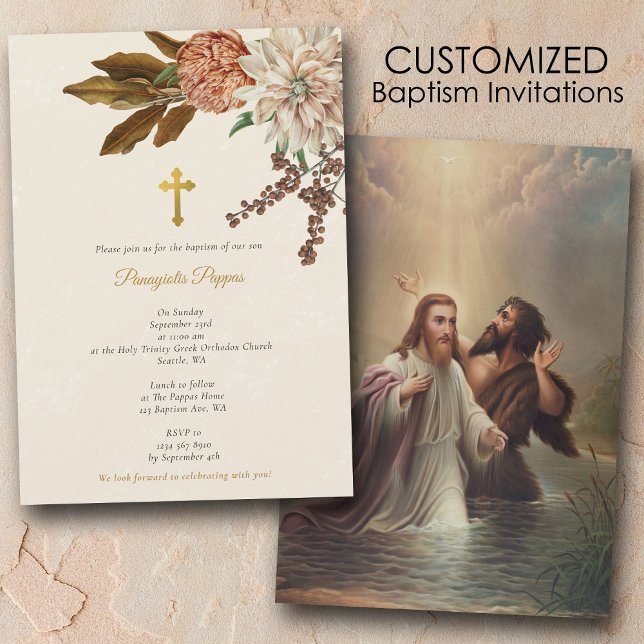 Invitación Las flores del boho bautizan el bautismo cristiano (Boho Flowers Orthodox Christian Gold Cross Baptism Invitation)