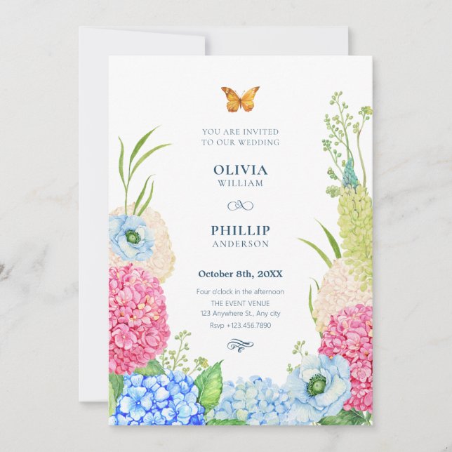 Invitación Las flores florecen mariposa boda (Anverso)