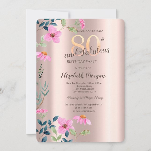 Invitación Las flores rosadas del jardín Subió oro 80 cumplea (Anverso)