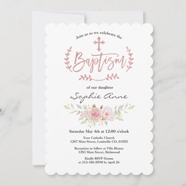 Invitación Las flores rosadas elegantes Subió el bautismo de  (Anverso)