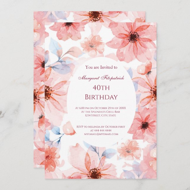 Invitación Las flores rosan cualquier fiesta de cumpleaños (Anverso / Reverso)