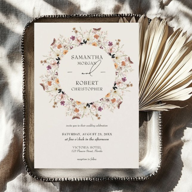Invitación Las flores silvestres de las acuarelas de Boho cae (Boho watercolor wildflowers wreath fall earthy invitation)