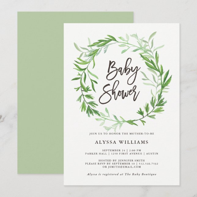 Invitación Las hojas botánicas verdes de Wreath Baby Shower (Anverso / Reverso)