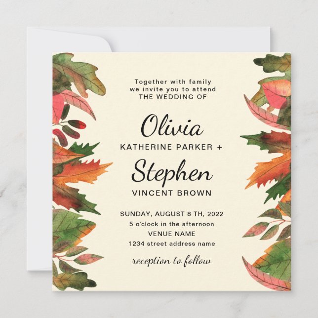 Invitación Las hojas caen. Boda botánico elegante de otoño (Anverso)
