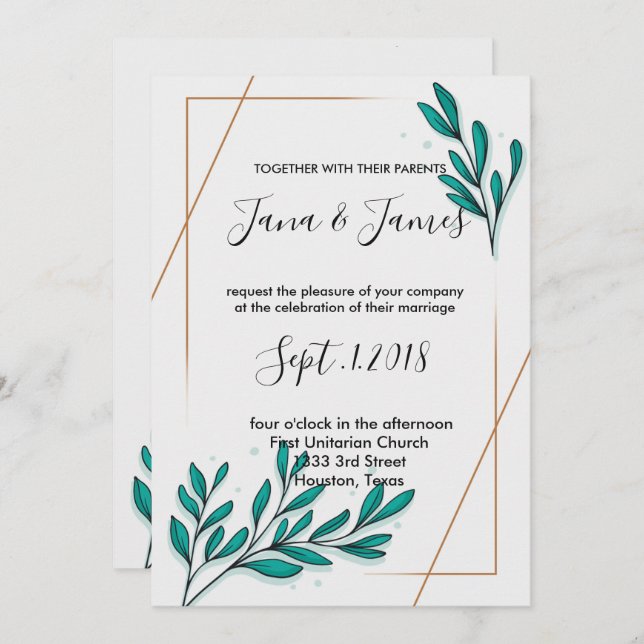 Invitación Las hojas de Relieve metalizado dorado floral verd (Anverso / Reverso)