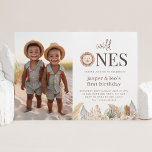 Invitación Las hojas neutrales de los gemelos silvestres - Fo<br><div class="desc">Una acuarela león que deletrea 'Wild Ones' con hojas neutras en el fondo,  perfecto para tu Fiesta de gemelos Wild One! En este diseño también puedes añadir tu propia foto a este diseño.</div>