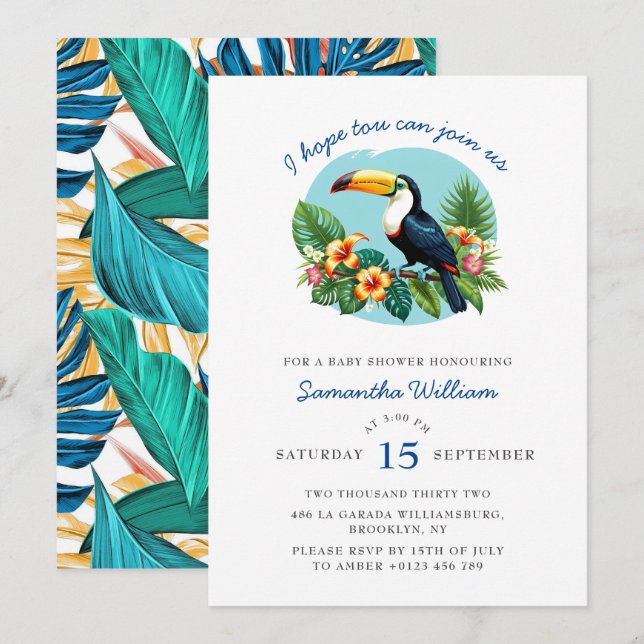 Invitación Las hojas tropicales de Baby Shower Toucan vibrant (Anverso / Reverso)
