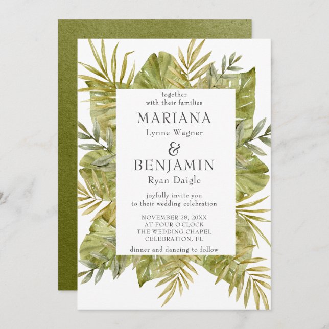 Invitación Las hojas tropicales modernas son verdes (Anverso / Reverso)