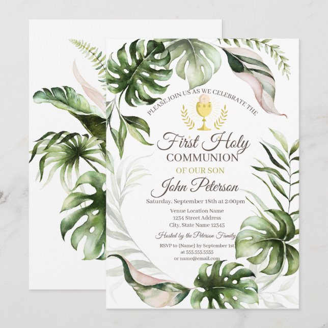 Invitación Las hojas tropicales son la primera comunión sagra (Anverso / Reverso)