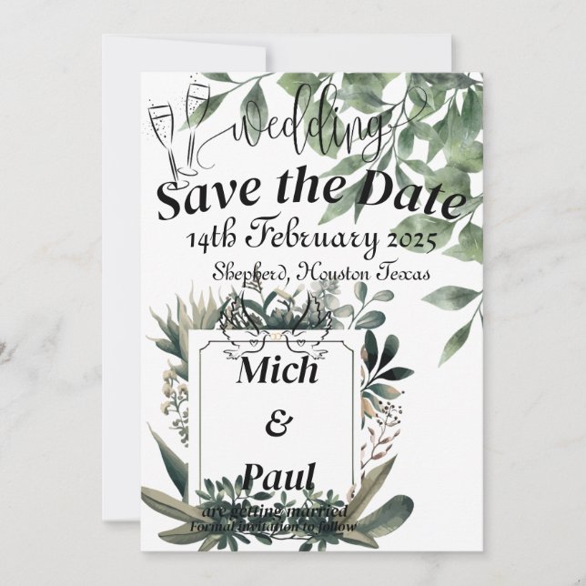 Invitación Las hojas verdes salvan la fecha con la elegante e (Anverso)