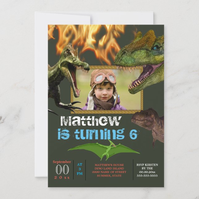 Invitación Las llamas temáticas de los chicos de Dinosaur DIY (Anverso)