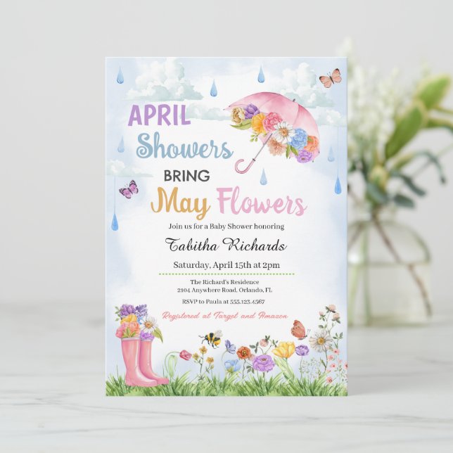 Invitación Las lluvias de abril traen el Baby Shower de prima (Anverso de pie)
