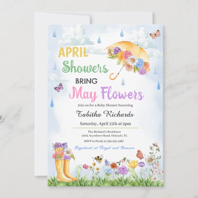 Invitación Las lluvias de abril traen el Baby Shower de prima (Anverso)