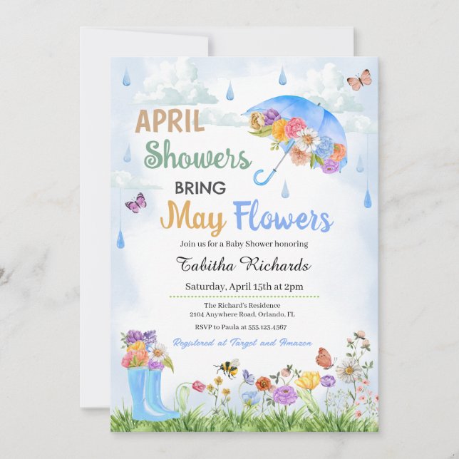 Invitación Las lluvias de abril traen el Baby Shower de prima (Anverso)