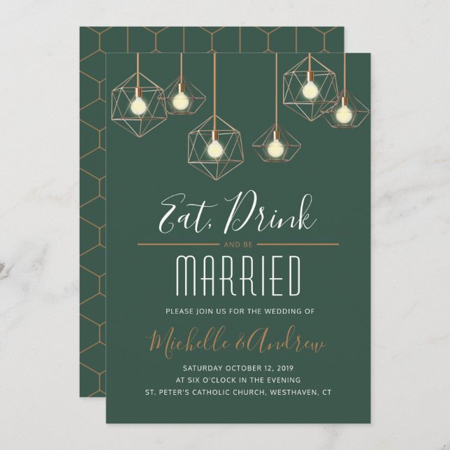 Invitación Las luces de Geo comen la bebida y sean boda verde (Anverso / Reverso)