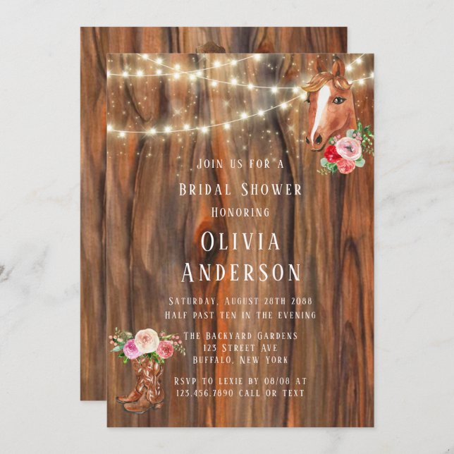 Invitación Las luces de madera de grano boots contra la ducha (Anverso / Reverso)