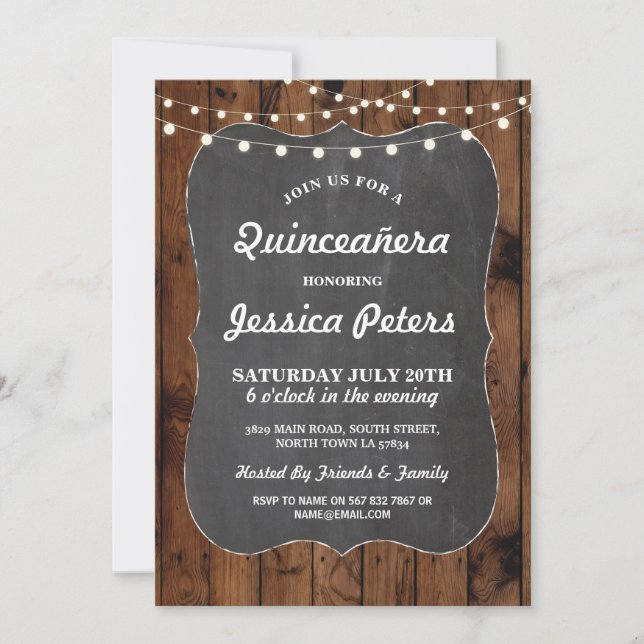 Invitación Las luces de madera de Quinceanera de la tiza (Anverso)