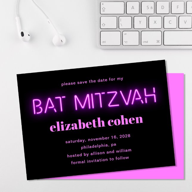 Invitación Las Luces De Neón Rosa De Bat Mitzvah Salvan La Fe (Subido por el creador)