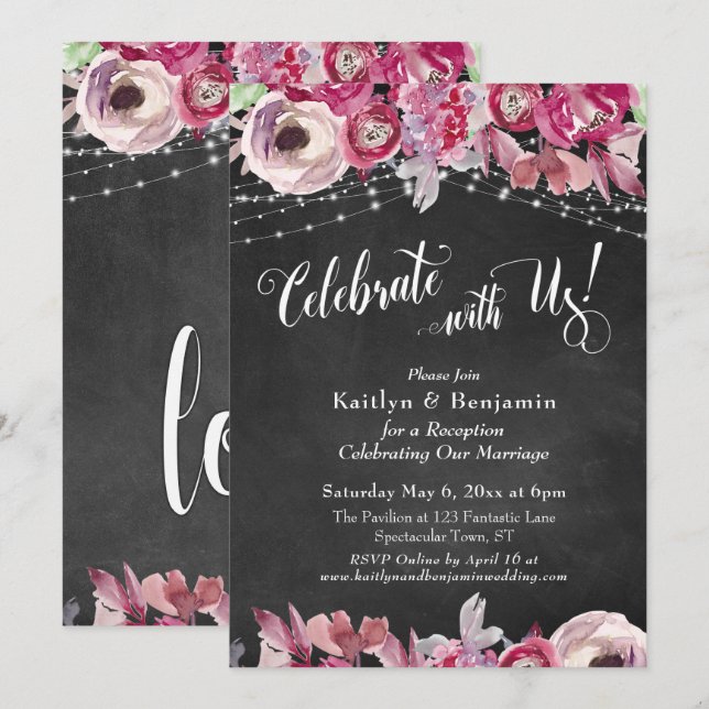 Invitación ¡Las luces florales de Chalkboard celebran con nos (Anverso / Reverso)