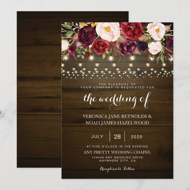 Invitación Las Luces Rústicas De Madera Boda Encienden La Flo (Anverso / Reverso)
