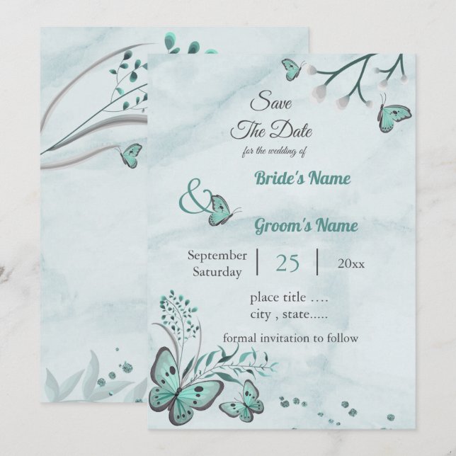 Invitación las mariposas azules dejan floral salvo la fecha (Anverso / Reverso)