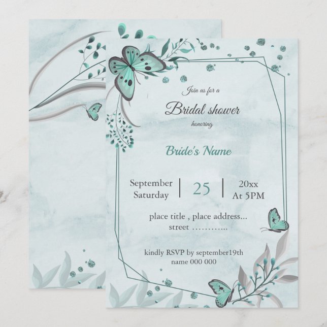 Invitación Las mariposas azules verde azuladas dejan una duch (Anverso / Reverso)