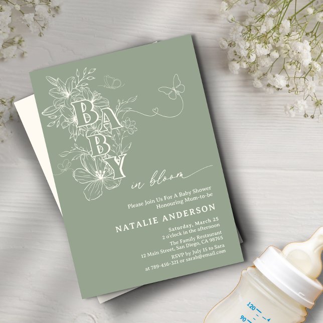 Invitación Las mariposas Boho Sage Green Floral beben en flor (Boho Sage Green Floral Butterflies Baby in Bloom Invitation)